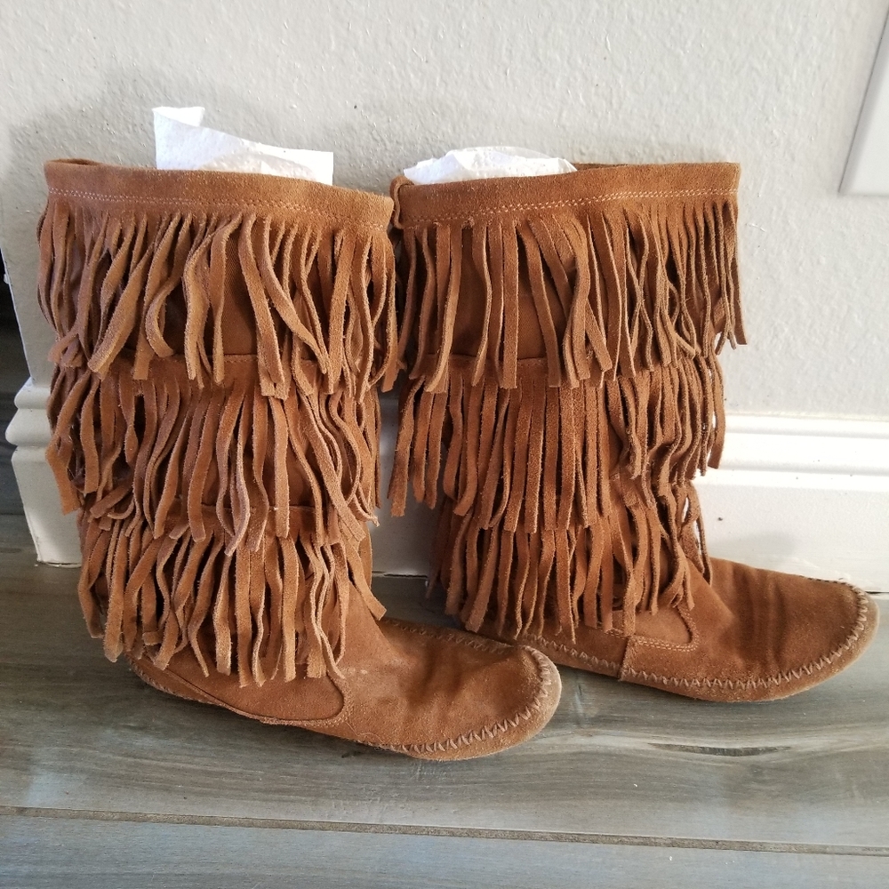 12" Tall Cool Fringe Moccasins by LC Lairen Conrad Sz 8.5 - Picture 3 of 7